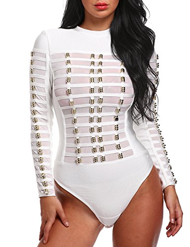 Buy Sunlen Women's Studded Mesh Perspective Bandage Bodysuits Long Sleeve  SL14159 (M, White) Online at desertcartCayman Islands