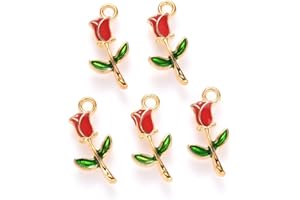 KitBeads 100pcs Enamel Red Rose Charms Mini Floral Valentine Romantic Flower Charm for Jewelry Making Bracelets Bulk