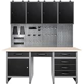 Heavy Duty Garage Storage Cabinet System, Includes 4 Small Wall Cabinet &amp; Work Bench Table Desk for Factories Auto Repair Shops