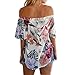 WLLW Women Short Sleeve Off Shoulder Floral Asymmetric Hem Shirt Tops Blouse