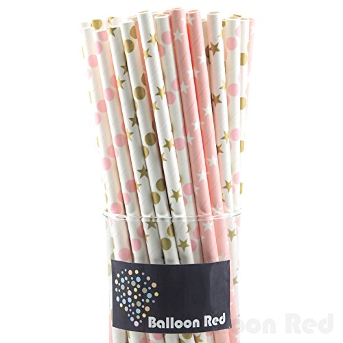 Biodegradable Paper Drinking Straws (Premium Quality), Pack of 100, Combo - Gold & Pink / Stars & Polka Dot