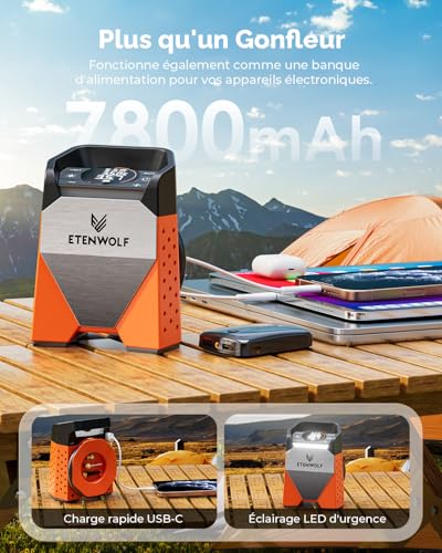 ETENWOLF ZEPHYR S3-7800mAh Portable Air Compressor, 160 PSI/11.03 Bar Electric Air Pump for Car, Motorcycle, Bike, Balloons, Quick Inflation in 1 Minute and LED Lights, USB Power Bank