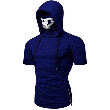 CICIYONER Kurzarm Hoodie Herren,Männer Maske Schädel Druck Splice Lässige Mode Kurzarm Hemd Rot Dunkelblau Schwarz Grau M L X