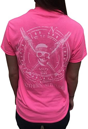 Southern Attitude Salty to The Bone Pirate Skull and Fish Crossbones Pink T-Shirt (Large)