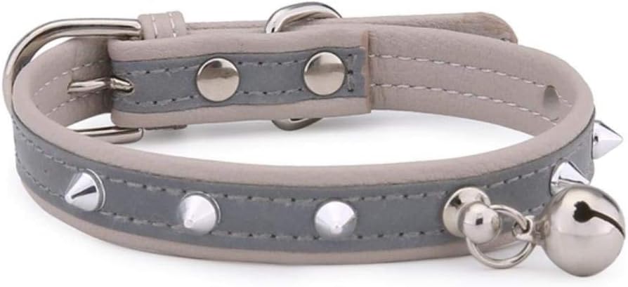 VOWAN 1 pcs PU Leather Luminous Cat Collar Punk Rivet Pendant Cat Bell Collar Metal Buckle Dog Collar Pet Collar,Grey