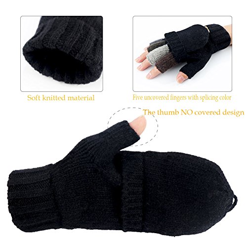 Akayboya Winter Warm Knitted Fingerless Gloves Convertible Wool Gloves
