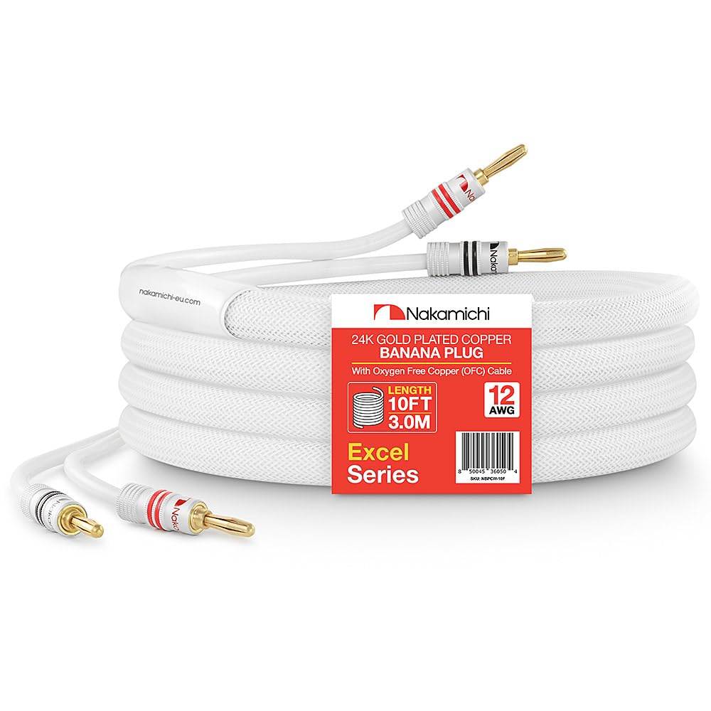 Nakamichi Excel Series 24k Gold Plated Banana Plugs With Speaker Cable Wire 99.9% Oxygen-Free Copper (OFC) Heavy Duty Braided for Amplifier Hi-Fi Home Theatre - White (12 AWG / 10 feet / 3.0m)