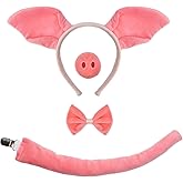 HODRME 4 Pieces Pig Ears and Tail Set-Piglet Headband with Tail Snout Bow Tie Cosplay Party Halloween Costume Accessories