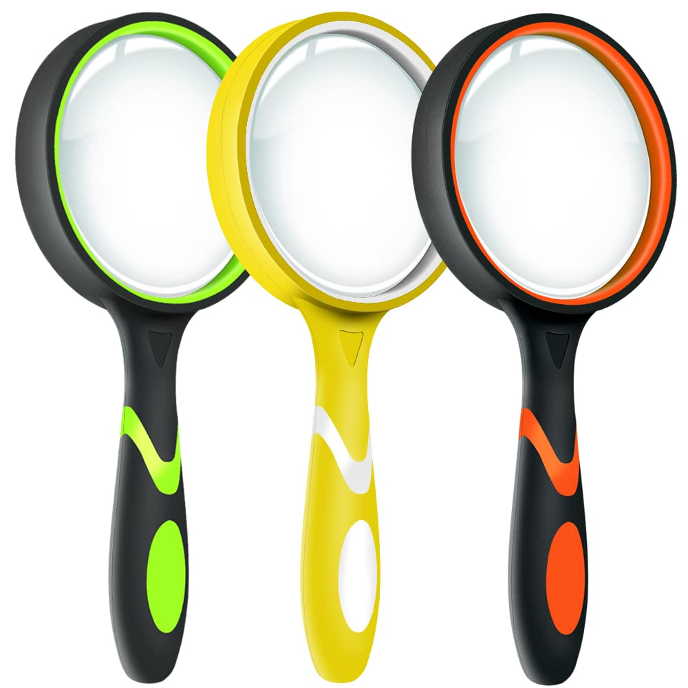Leffis 3 Pack Magnifying Glass, 10X Non-Slip Handheld Reading Magnifier for Kids and Seniors, 75mm Magnifying Glass Lens for Reading, and Nature Exploration