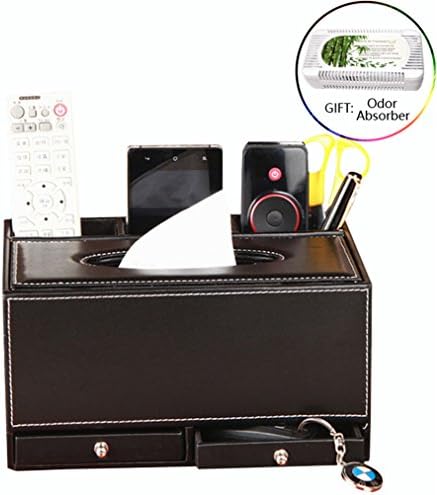 Multi-functional Pu Leather Desk Organizer Office Supply Caddy with Tissue Box Holder and 3 Compartments 2 Small Drawer,for Pencil,Remote Control ,Cosmetics Holder Organizer (Black)