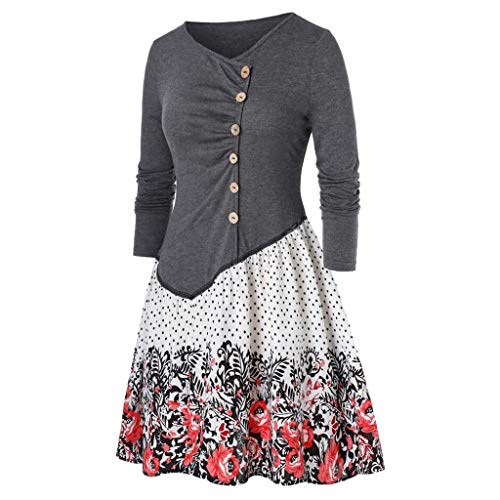 Women Fashion Casual Long Sleeve O-Neck Solid Asymmetric Lace Evening Party Prom Dress Midi Swing Dress (S-3XL)