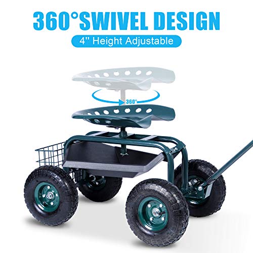 Dporticus Rolling Garden Steerable Tool Cart Scooter with Extendable