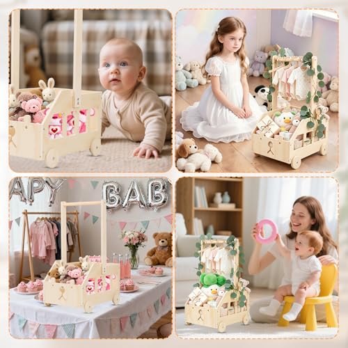 Wooden Baby Basket, Gift for Newborn Boy Girl, Baby Shower Basket, Bear Design, with Clothes Rack and Wheels, Decoration for Children's Room, Natural Colour