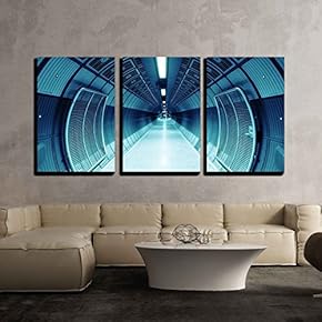 3 Piece Canvas Wall Art - Cylindric Tunnel for Pedestrians, Blue Toned. - Modern Home Art Stretched and Framed Ready to Hang - 16"x24"x3 Panels