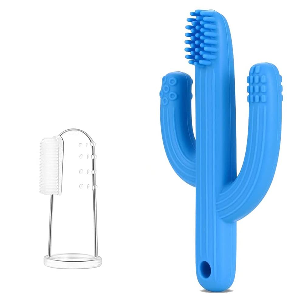 Teething Toys for Baby and Finger Toothbrush,2 Pack, Infant Training Teether Toothbrush,Cactus Shape Chew Toys Hands Free Design,100% Food Grade Silicone,BPA-Free,for Baby More Than 3 Months(Blue)