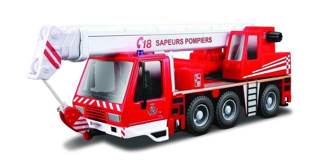 Bburago | Crane Fire Truck with Ladder | Display of 18 Pieces | 1:55 Scale Miniature Car Reproduction | Red | Collectible Children's Toy | 32010