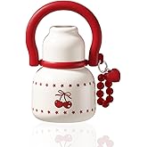 Sidagar 22 oz Water Bottle with Straw and Bowl, Wide Mouth Insulated Stainless Steel; Leak-Proof 316L Healthy Flask for Women & Kids, Yoga & Travel; with Heart Bracelet Charm, Cherry White
