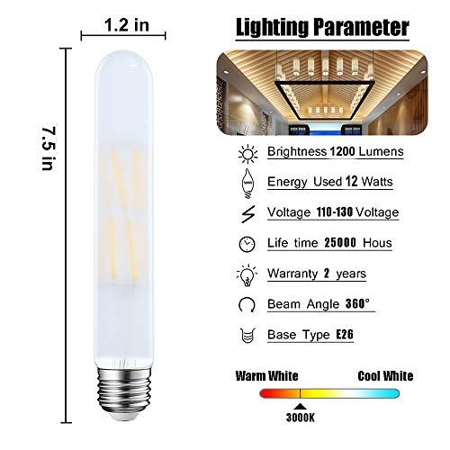LEOOLS 12W Led Edison Tubular Frosted Bulb T10,E26 Dimmable Vintage Led Filament 100 Watt Incandescent Bulb Equivalent 3000K Soft White,Frosted Glass Shape Appliance Light Bulbs,3 Pack.