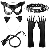 5 Pcs Halloween Cat Woman Costume Accessories Set with Black Mask Whip Cat Ears Headband Claw Gloves and Necklace for Halloween Cosplay, Masquerade & Carnival Parties