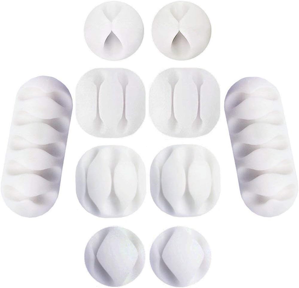 Cable Organizer White, Cord Management, Cable Clips, Wire Management System, 10 Pieces, Self Adhesive for Your Wires, Charging and Mouse Cord Form Whellen