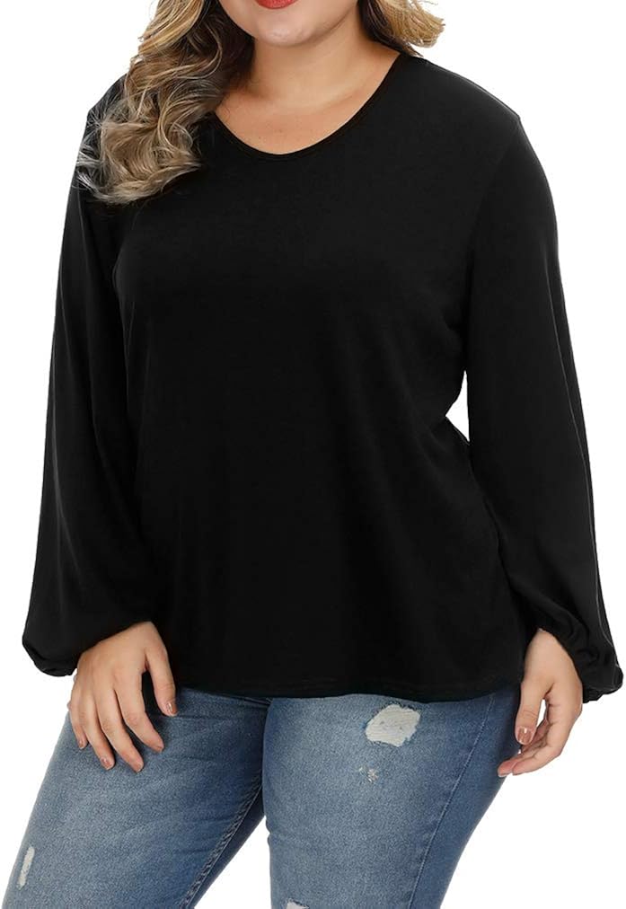 Allegrace Women's Plus Size Blouses Long Sleeve T Shirts Casual Loose Scoop Neck Tops Black 4X 