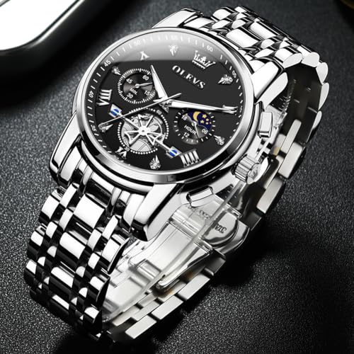 OLEVS Men Silver Watches,Men's Stainless Steel Chronograph Watch,Man Analog Quartz Big Face Male Watches Luxury Waterproof Roman Numeral Dress Diamond Relojes para Hombre