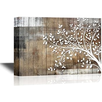 wall26 Abstract Tree Canvas Wall Art - White Tree Branch with Leaves on Wood Style Background - Gallery Wrap Modern Home Decor | Ready to Hang - 24x36 inches