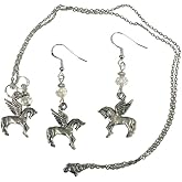 Pegasus Flying Horse Necklace & Earring Set, with clear crystal accent beads on sterling silver earwires