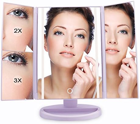 Makeup Mirror, FOSTO Trifold Vanity Mirror with Lights, Touch Screen USB Charging 16 Natural LED Lighted 180° Adjustable Magnifying Mirrors with 1X/2X/3X (White)