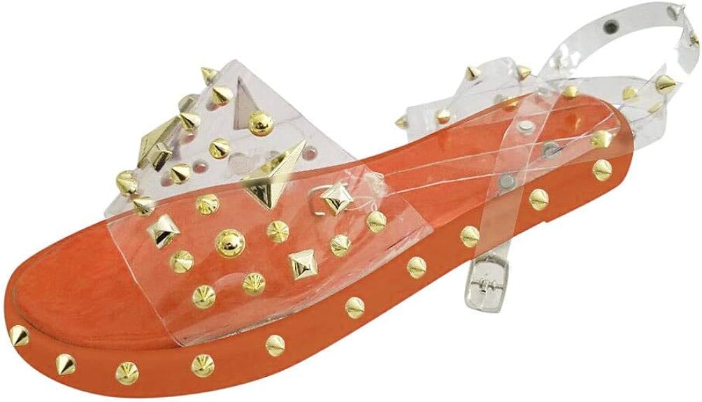 Xchenda Women's Flat Clear Sandals Ankle Strap Buckle Open Toe Rivet