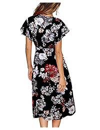 GIKING Vestidos a media pierna con manga corta y botones florales para mujer con cinturón