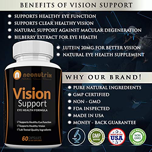 Vision Support Eye Health Supplements with Quercetin Dihydrate 100mg - Essential Eye Vitamins, Lutein 20mg & Bilberry Extract for Eye Care - Vision Supplements - 60 Vegetable Capsules by Neonutrix