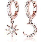 SLUYNZ 925 Sterling Silver Sparkling CZ Star Moon Small Hoop Earrings for Women Teens Asymmetric Star Moon Huggie Earrings