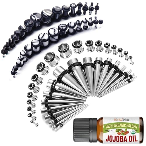 BodyJ4You 72PC Ear Stretching Kit - 14G-00G Beginner Gauges - Aftercare Jojoba or Ear Balm - Surgical Steel Tunnels Solid Metal Tapers Acrylic Plugs - Men Women Unisex Body Jewelry