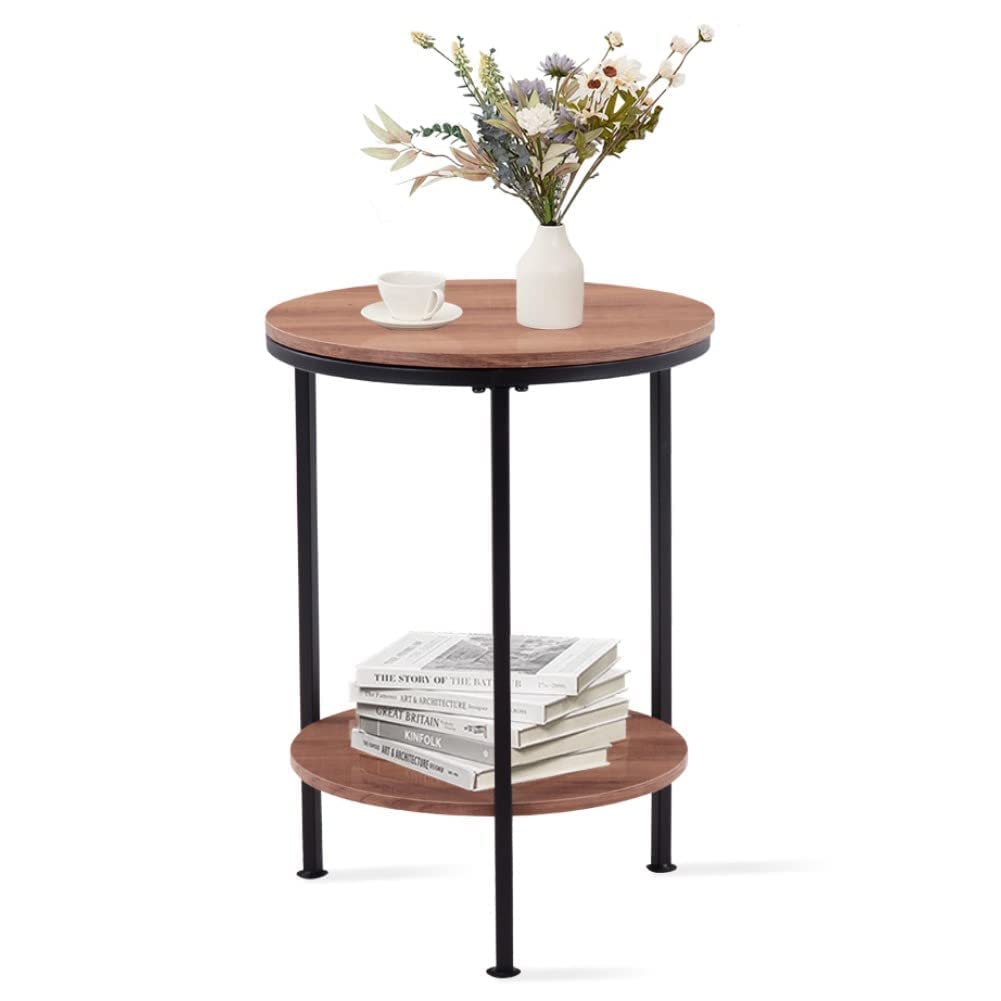 GOLDFAN Round Side Table Wooden Sofa End Bedside Table Small Metal Lamp Table with 2 tier Storage for Living Room Bedroom,Brown