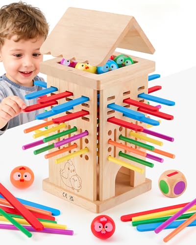 Montessori Spielzeug ab 3 4 5 6 Jahren - Brettspiele aus Holz, Kinder Lernspielzeug mit Bunten Stäbchen & Ball, Würfel Brettspiel für Motorik & Konzentration Geschenk für Mädchen Jungen