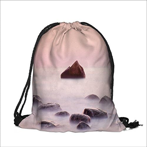 wanranhome Drawstring Backpack romantic morning at sea big boulders sticking out from smooth wavy sea pink horizon with first 3 Outdoor Dance Sports Cinch Bags(13.7W x 17.7L INCH)