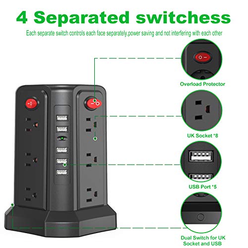 Surge Protector Power Strip 16.4FT/5M 5 USB Ports 12 Outlet Power Strip with USB Long Cord Outlet Surge Protector Tower Overload Protection, Short Circuit Protection