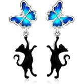 Butterfly Cat Earrings Black Cat Earrings for Women Sterling Silver Butterfly Wings Earring Dangle Drop Halloween Jewelry for Cats Lovers Gifts