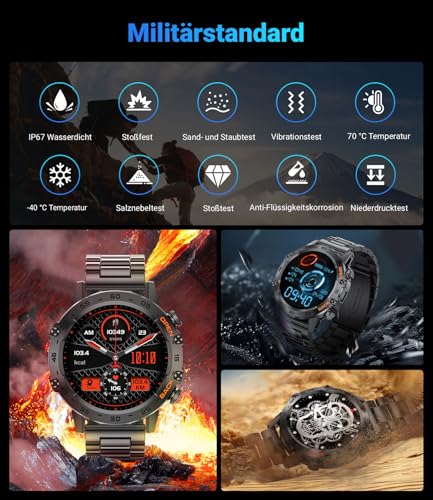 LIGE Men's Smartwatch with Phone Function, 1.39 Inch Military Smart Watch with 24H Heart Rate, Blood Pressure, Sleep Duration, 100+ Sports Modes, Fitness Watch, 300+ Dials, IP67 Waterproof, Black