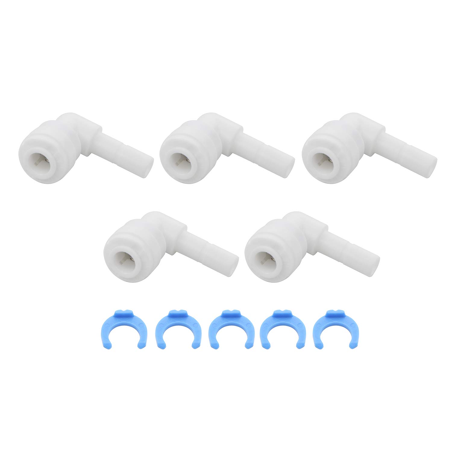 Elbow Water 1/4-Inch Tube Quick Connect Fitting +5 Lock Clips for Reverse Osmosis Filter Pack of 5