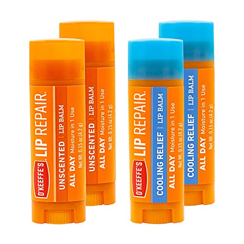 O'Keeffe's Unscented & Cooling Relief Lip Repair Lip Balm for Dry, Cracked Lips, Stick, (Pack of 4)