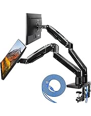 HUANUO Dual Monitor Mount Stand - Long Double Arm Gas Spring Monitor Desk Mount for 2 Screens 22 to 35 Inch Height Adjustable VESA Bracket with Clamp, Grommet Base -Each Arm Hold up to 26.4 lbs