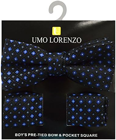 Boy's Geometric Polyester Woven Pre-Tied Banded Bow Tie &amp; Pocket Square Set (Black &amp; Blue)