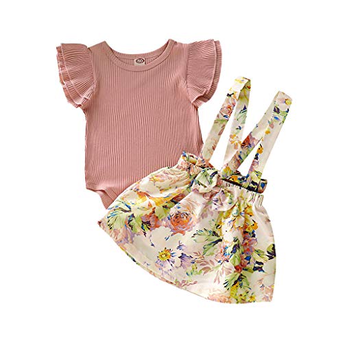 Tomppy Infant Toddler Baby Girls Solid Ruffle Romper + Floral Suspenders Skirts 2PCs Outfits Sets Pink