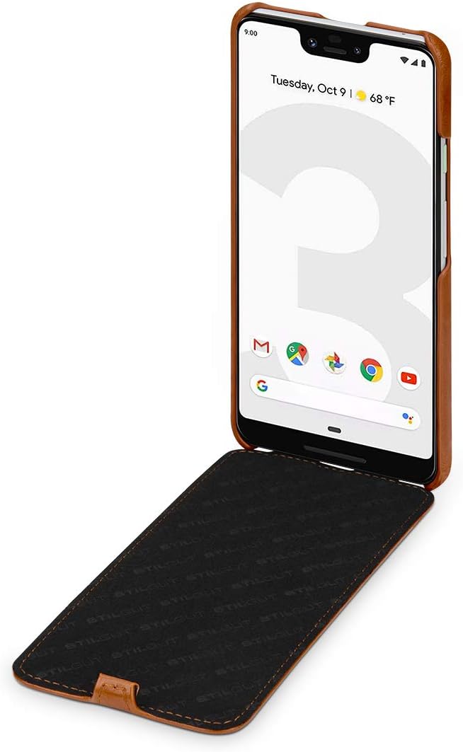 StilGut Slim Vertical Flip Case for Pixel 3 XL, Genuine Leather Google Pixel 3 XL Case, Cognac Brown - Image 3