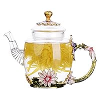 MonLiya Enamelled Glass Teapot 9.46OZ Mini Glass Kettle Heat Resistant Pitcher Flower Tea Pots Carafe Kitchen Drinkware Blooming Tea Glass Pot Tea Pot Strainer for Loose Tea Mom Gift (Daisy)
