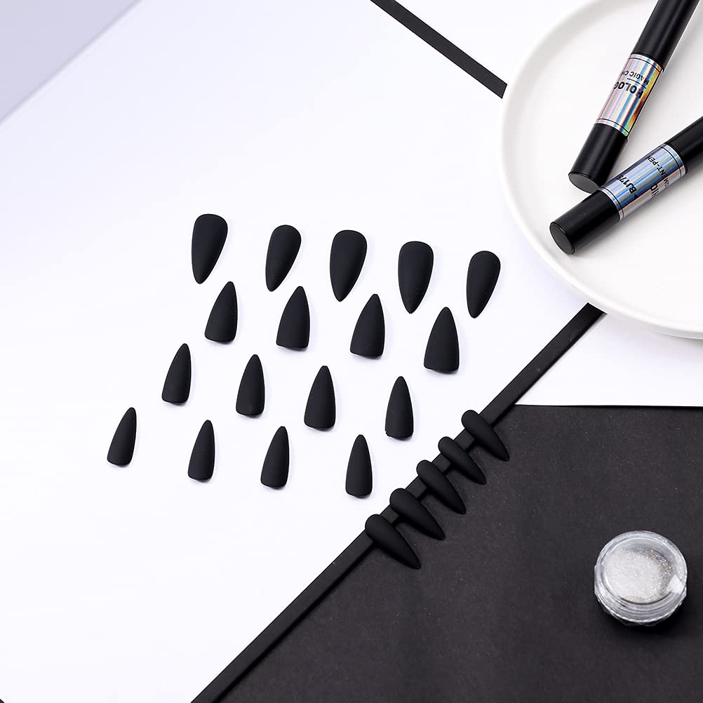 Morily 24pcs Fake Nails Matte Pure Color Medium Long Stiletto Almond Press on Nail False Tips Artificial Finger Manicure for Women (Black) - Image 4