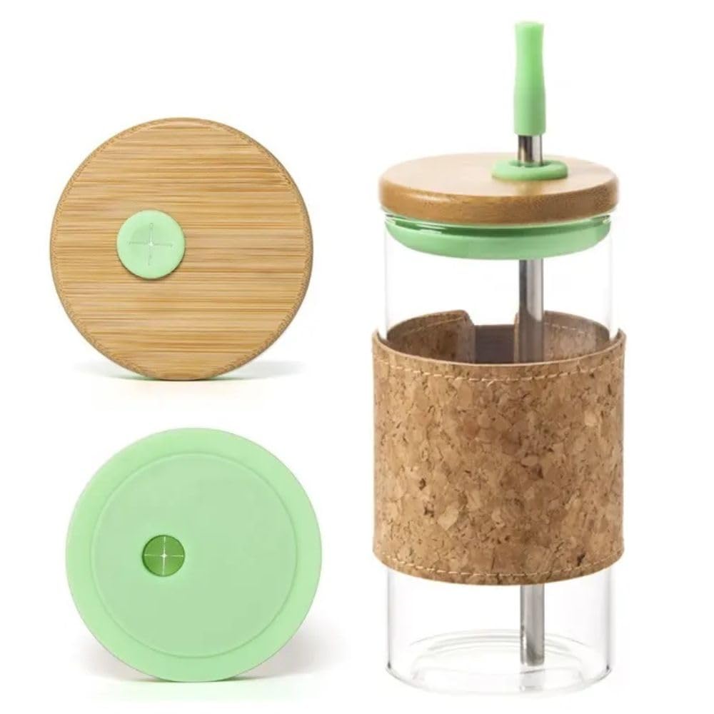 DesignKitchn. Glass Tumbler Bamboo with Straw and Lid | Leakproof Tea Cup | Boba, Iced Coffee or Smoothie | 600 ml - 20 oz | UK Brand | Borosilicate Glass with Cork - (Lawn Green)