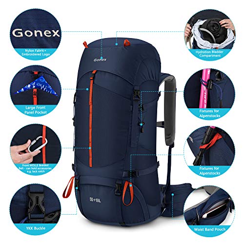 Gonex 55L / 65L Hiking Internal Frame Backpack Outdoor Backpacking Camping Trekking Climbing Backpack with Rain Cover for Men Women Navy - Thumbnail 3